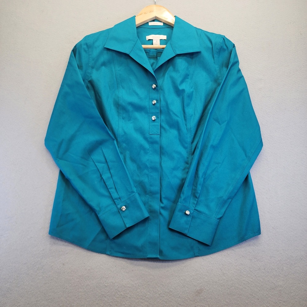 Chicos No Iron Teal Blue Button Down Shirt Rhinestone Crystal Buttons Size 1 M - Picture 1 of 13